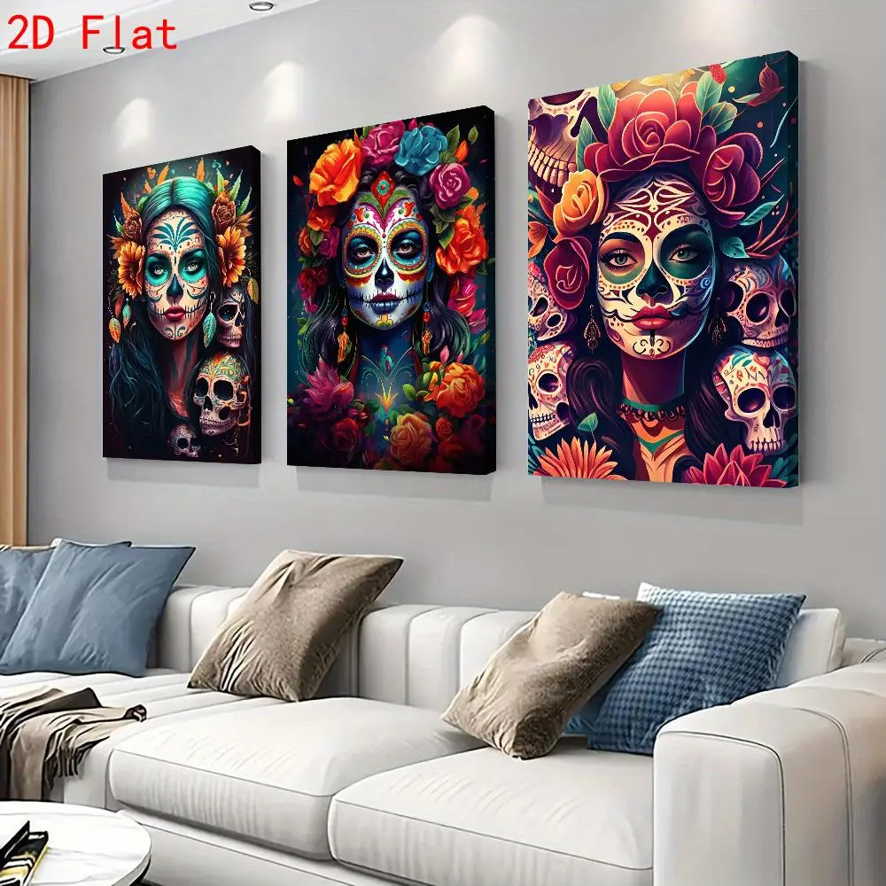 2D flat, 3-piece wall art poster set, Day of the Dead sugar canvas wall painting set of 3 pieces, featuring a Mexican skull girl design with floral headdress, colorful skull decorative painting suitable for living room, bedroom, and home decor, modern boh
