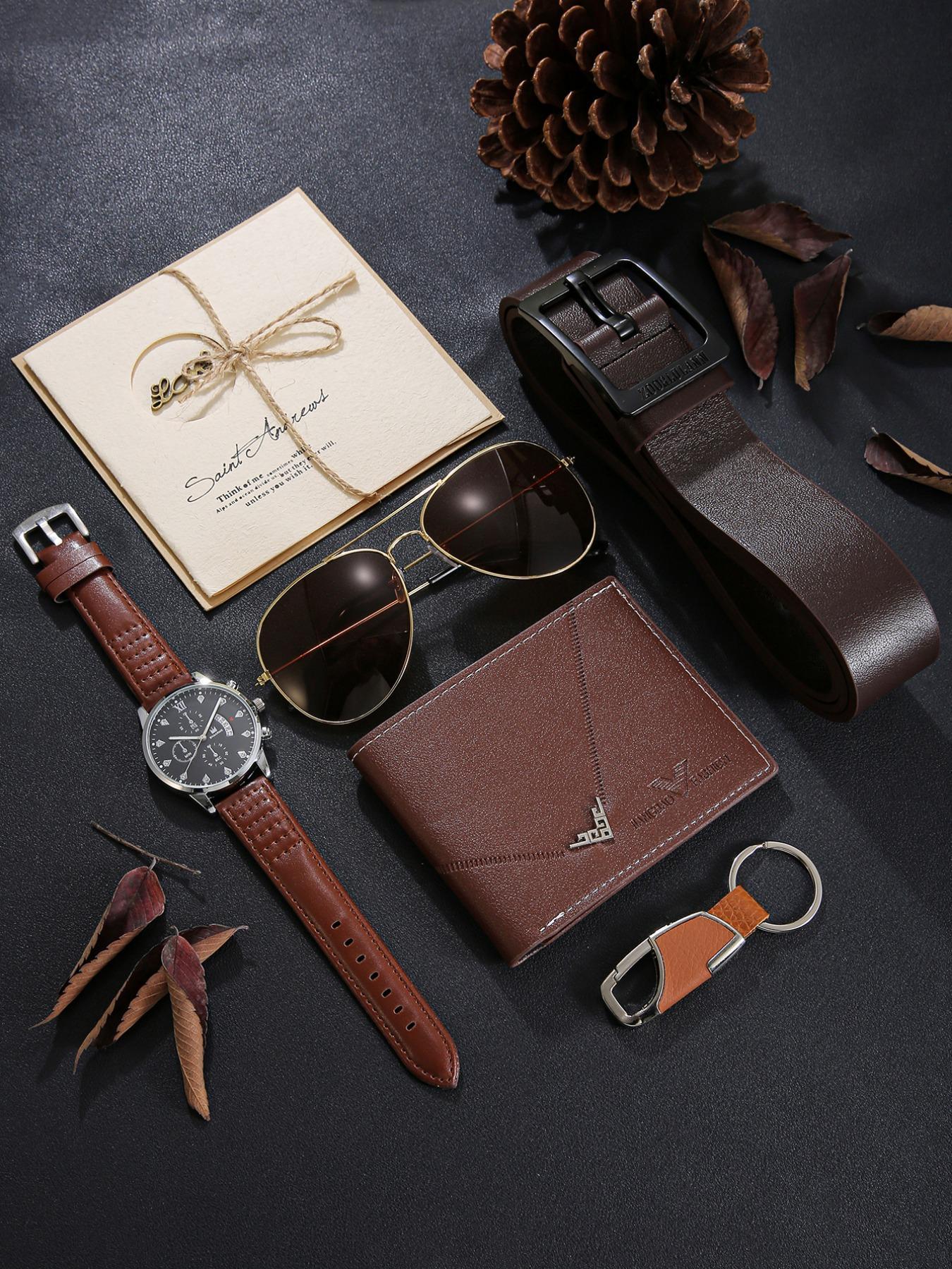 Fashion Watch & Sunglasses Set Luxury 6PCS Men Watch Set with Fashion Quartz Leather  main image 4