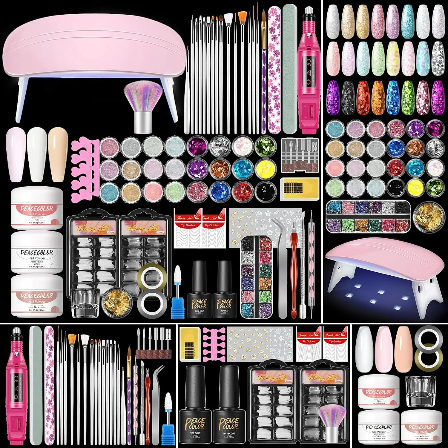 Acrylic Nail Kit with Drill and U V Light, Professional Nail Kit Acrylic Set for beginners with Everything 3PC Powder 24PC Glitter Fake Tips Decoration Nails Set DIY Home Salon