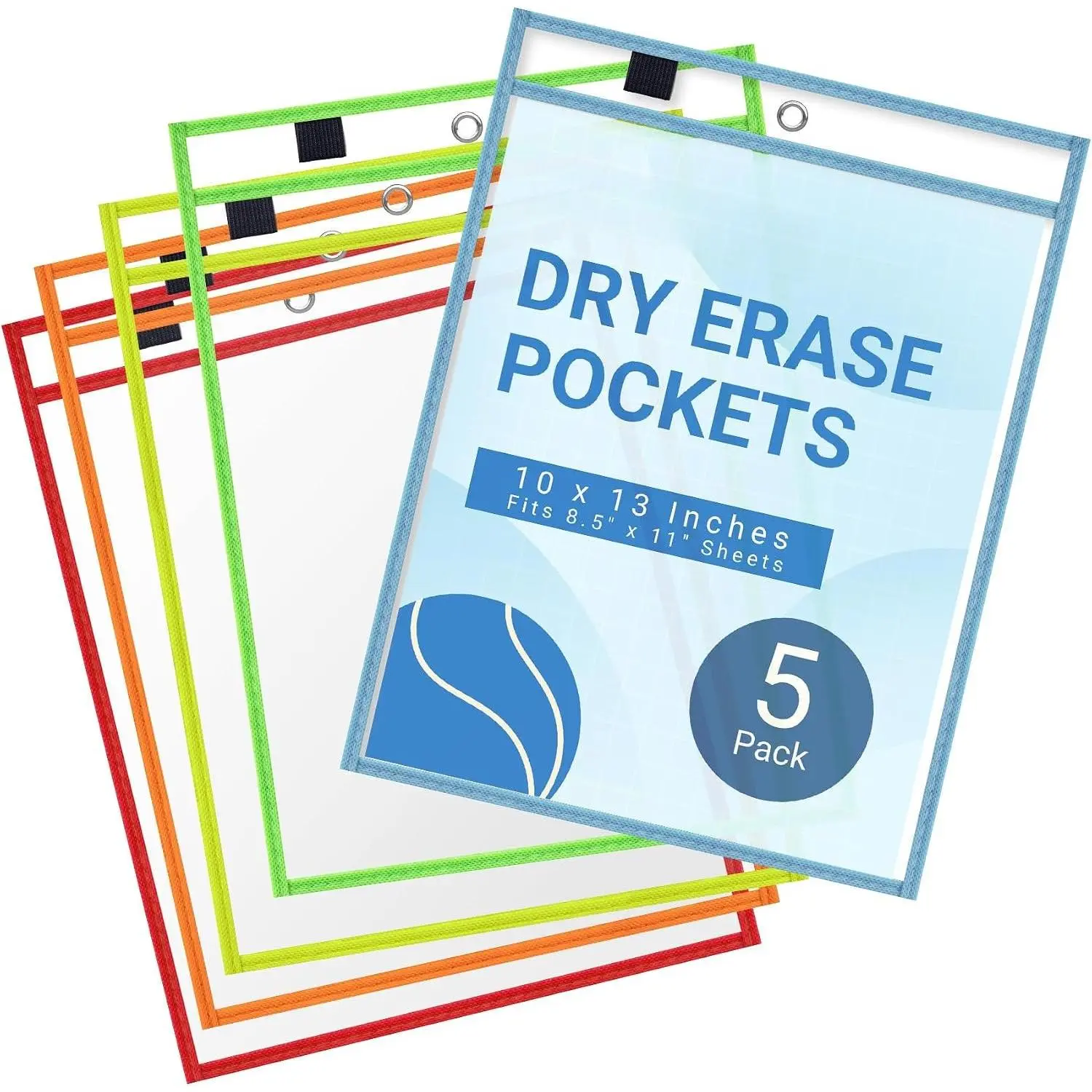 5 Pack  Dry Erase Pocket Sleeves - 10 x 13 Inch Ticket Holders  Clear Plastic Sleeves Sheet Page Protectors for School Teacher Supplies & Classroom Organization, 5 Colors