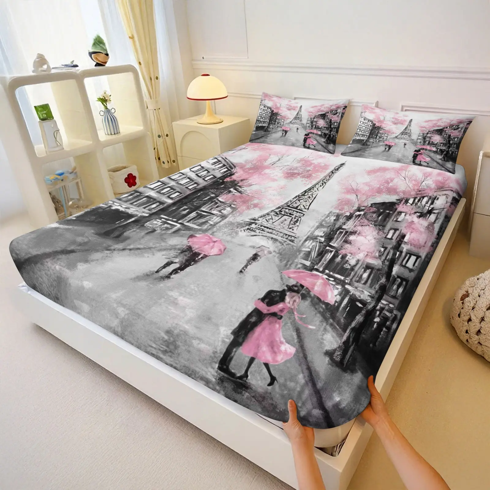 Romantic Paris Eiffel Tower Fitted Sheet Set, Oil Painting Couple, Cityscape, Elastic Deep Pocket Bedding with Pillowcases, Bedding Sets