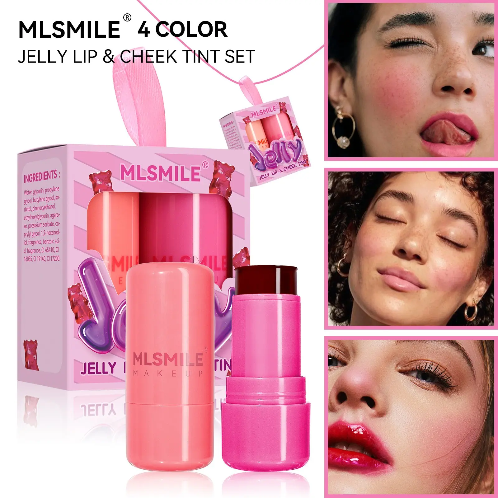 Mlsmslie Cross-Border Jelly Blush Set, Lipstick & Cheek Color, Dual-Use Lip Gloss, Brightening Lip Stick, Long-Lasting Formula