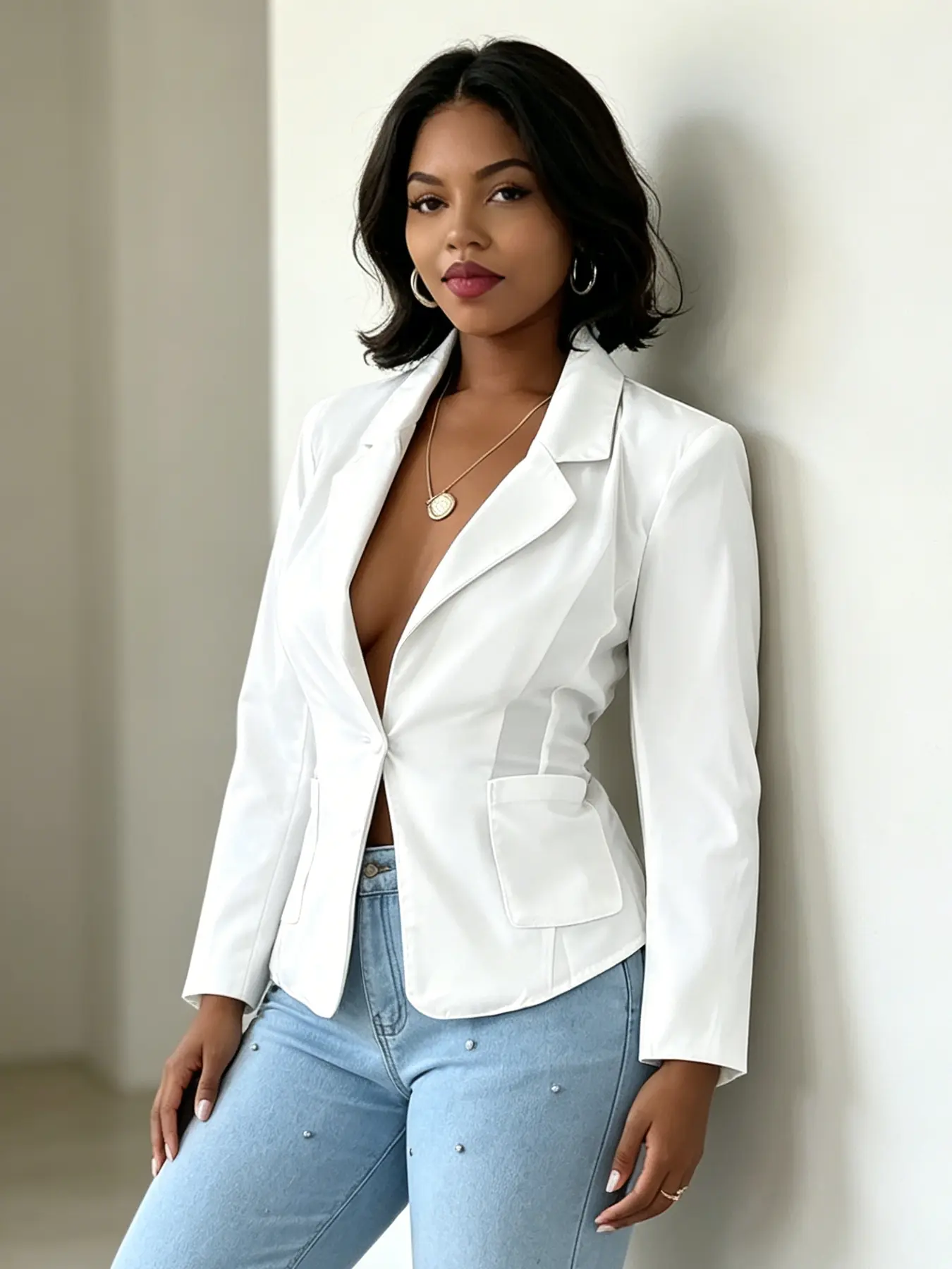 A ladies' fashion pure white satin waist-cinched blazer with back lacing design, featuring a slim-fitting silhouette, open-back crossover tie detail, smooth lightweight breathability, suitable for daily wear, outings, and indoor or outdoor styling