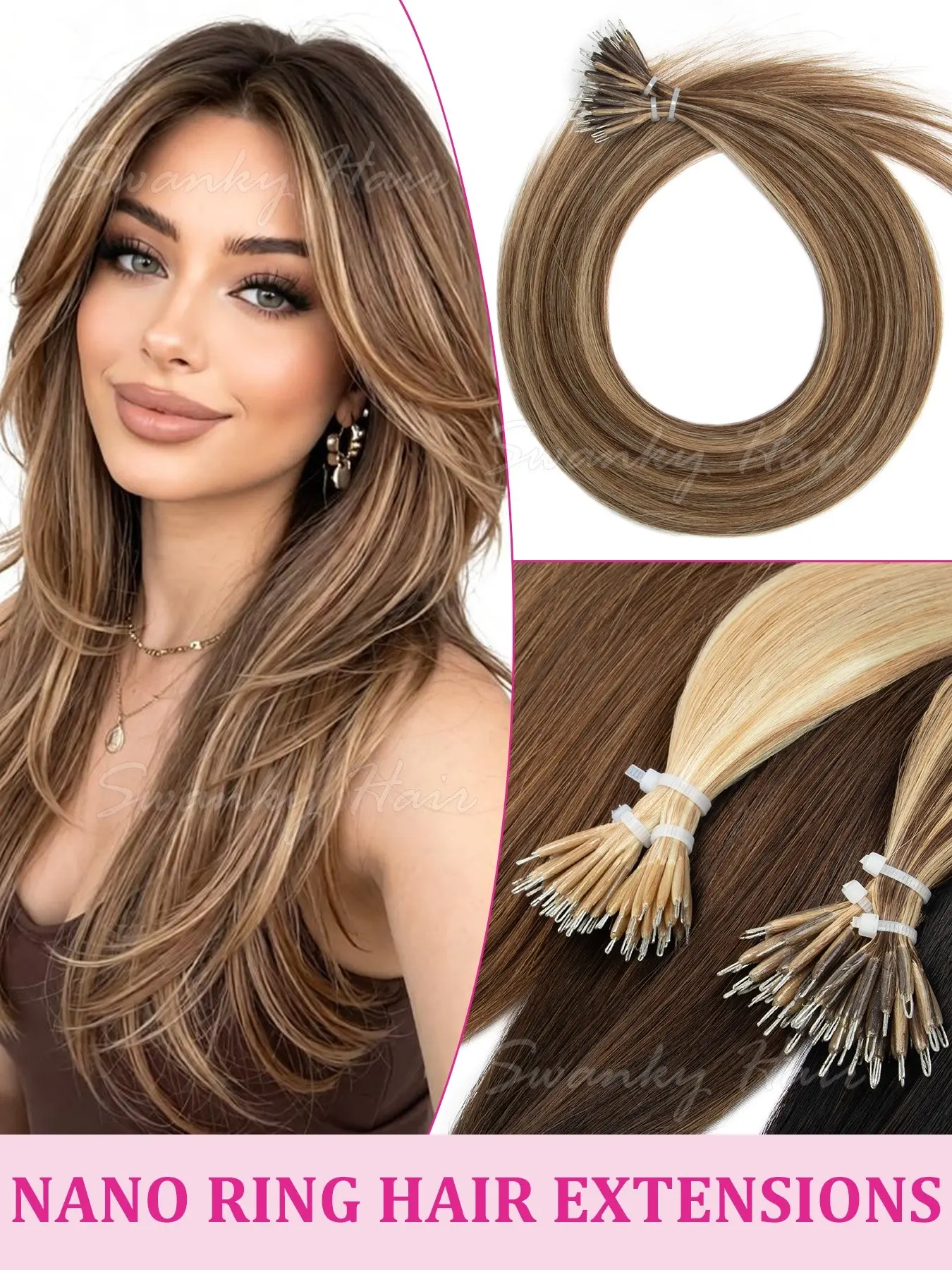Nano Rings Beads Loop Nano Hair Extensions 12-20inch Human Hair Extension Pre-bonded Micro Nano Rings Beads Loop Nano Hair Extensions Cold Fusion Nano Ring Extensions Nano Tip Extensions 50 strands Human Hair Extensions for Women 30G/PACK