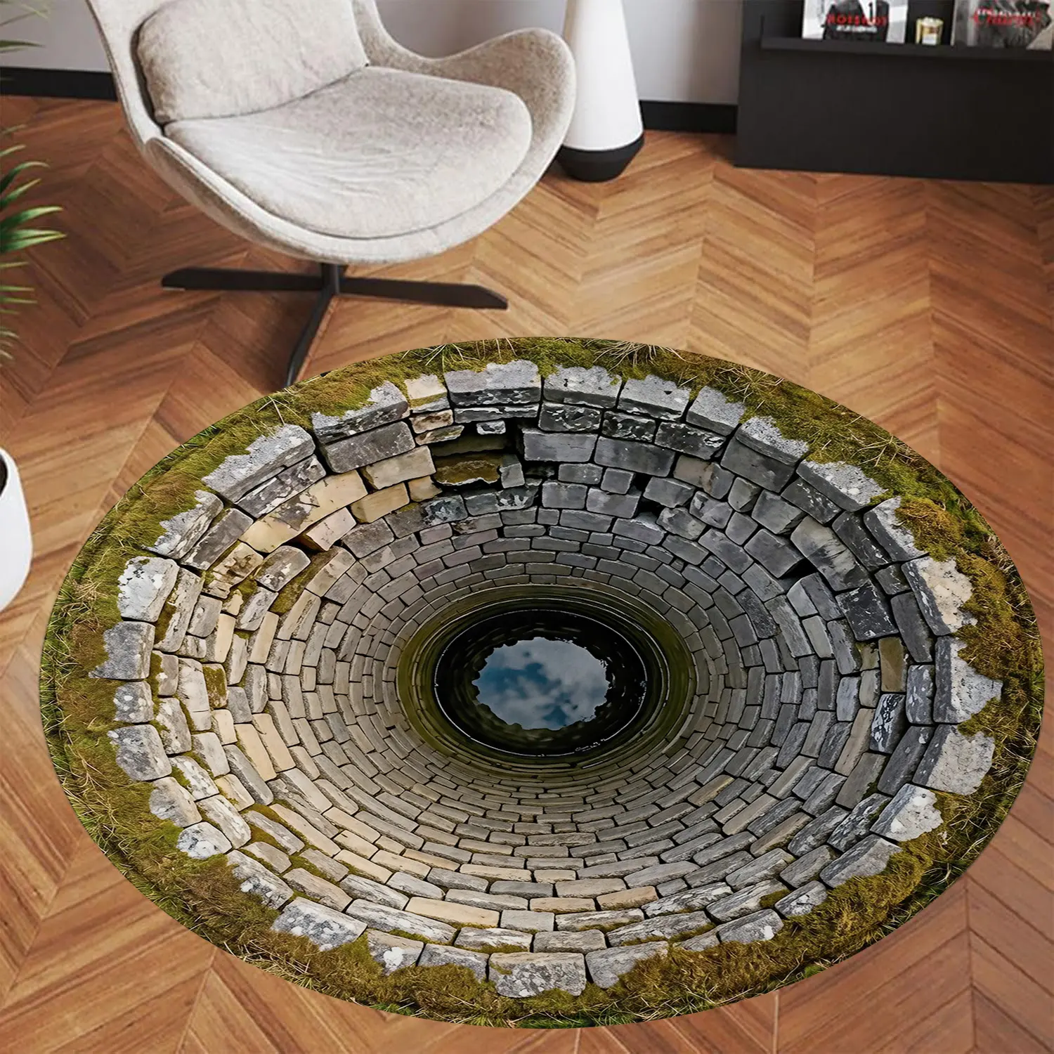 Cool Optical Illusion Deep Stone Well Hole Round Area Rug Doormat, Comfortable Soft Plush Flannel Carpet with Non-Slip Backing, Washable Indoor Decorative Floor Mat for Living Room Bedroom Home Decor, Novelty Trippy Visual Trick Circle Rug
