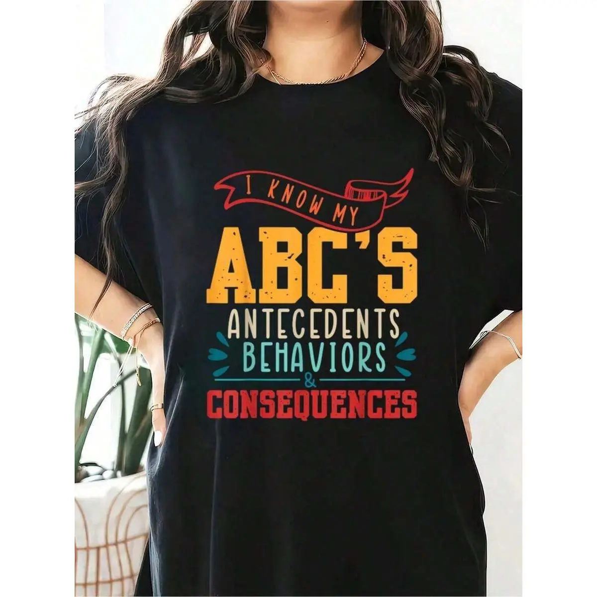 Women's Poly-Cotton Short Sleeve Crew Neck T-Shirt - ABCs Graphic Geometric Print Top for Applied Behavior Analyst ABA Therapist RBT, Holiday & Outdoor Use