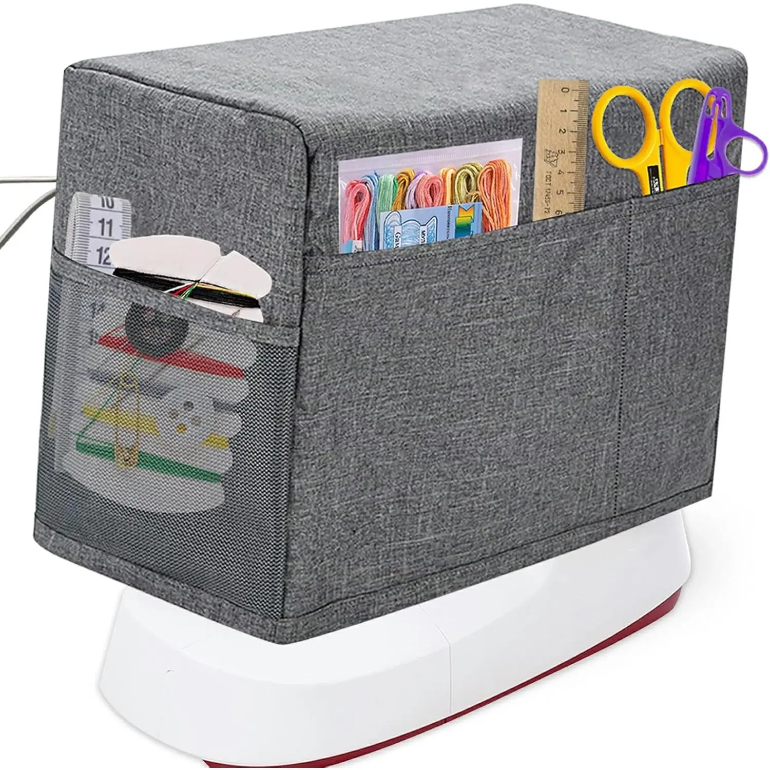 Sewing Machine Protective Dust Cover with Storage Pocket and Side Handles Fits Most Standard Sewing Machines, Printed Sewing Patterns (Grey)