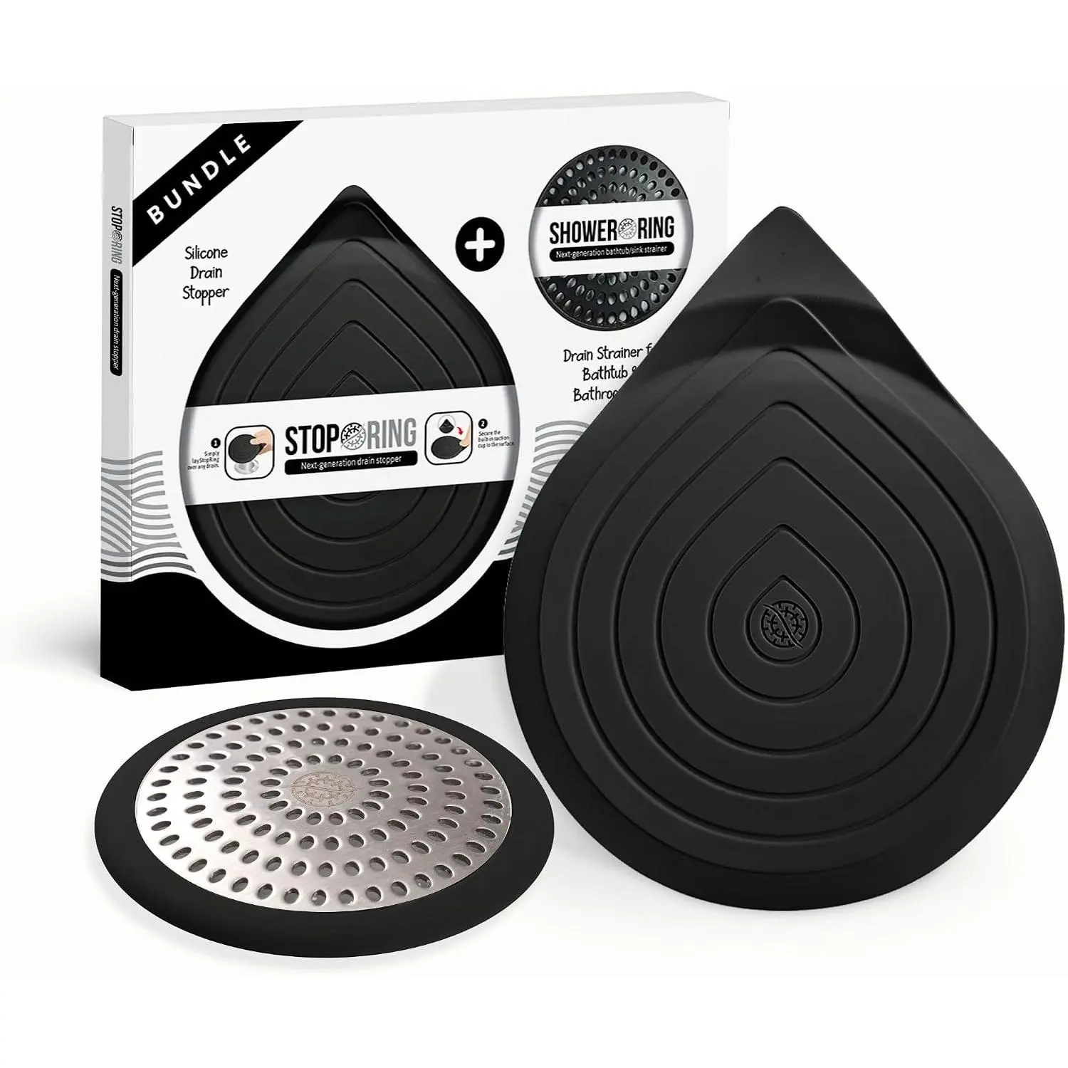 Drain Hair Catcher & Stopper Combo -  Shower + Stop Set for Bath & Sink | Stainless Steel Strainer +  Drain Plug | Clog-Free,  Fit (Black, 2 Pack)