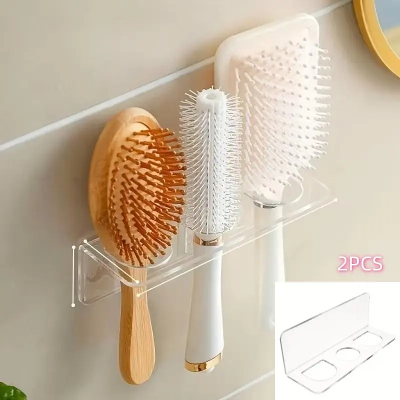 3-Hole Acrylic Transparent Bathroom Storage Rack, Wall-Mounted Hairbrush Holder, No Drilling, Ideal for Comb and Wash Accessories