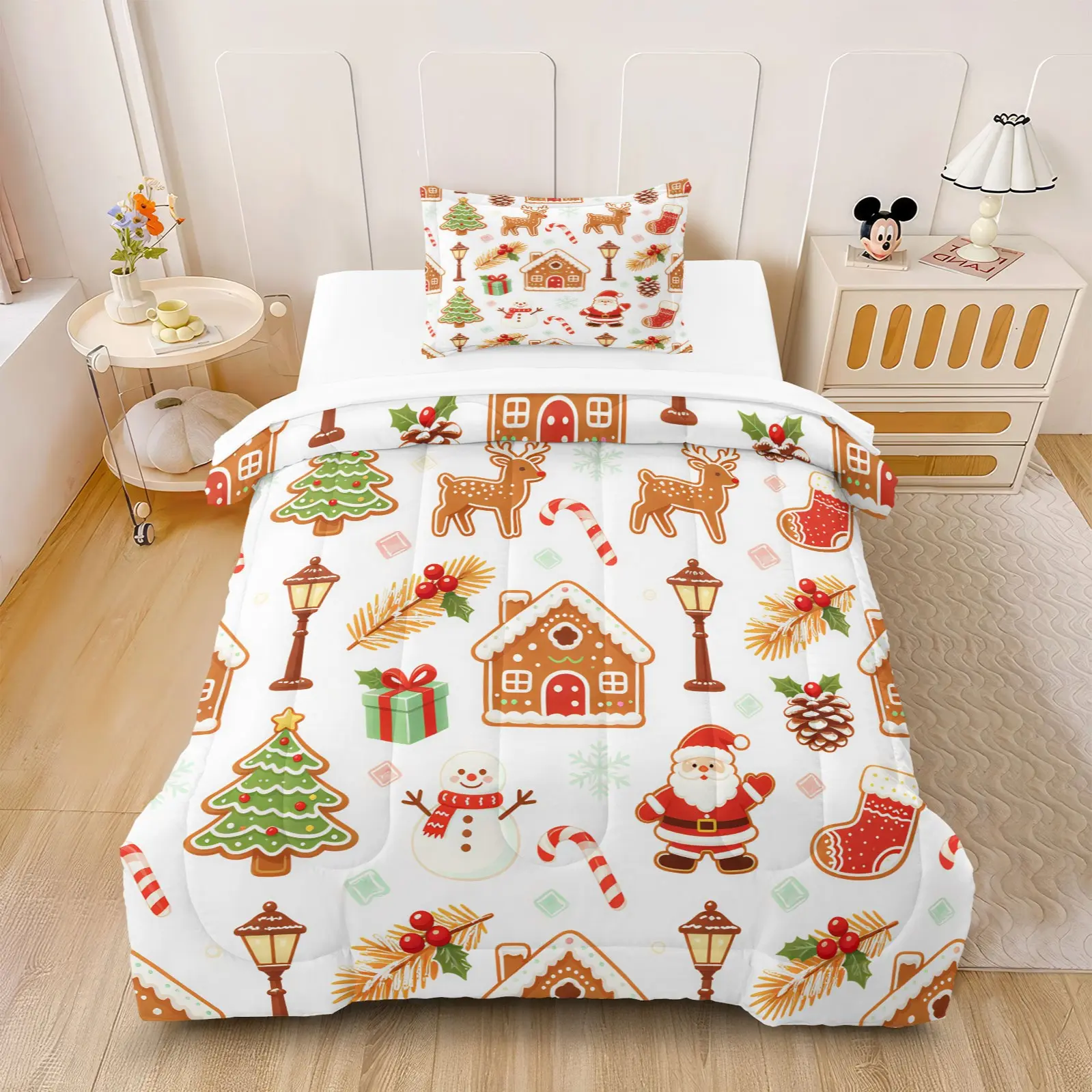 2/3Pcs Macaron Mint Christmas Tree Cute Reindeer Santa HD Reactive Print Comforter Set, Light Fluffy Bedding For Soft Holiday Girls Rental Apartment Secondary Bedroom (With Fillers, No Pillow Inserts)