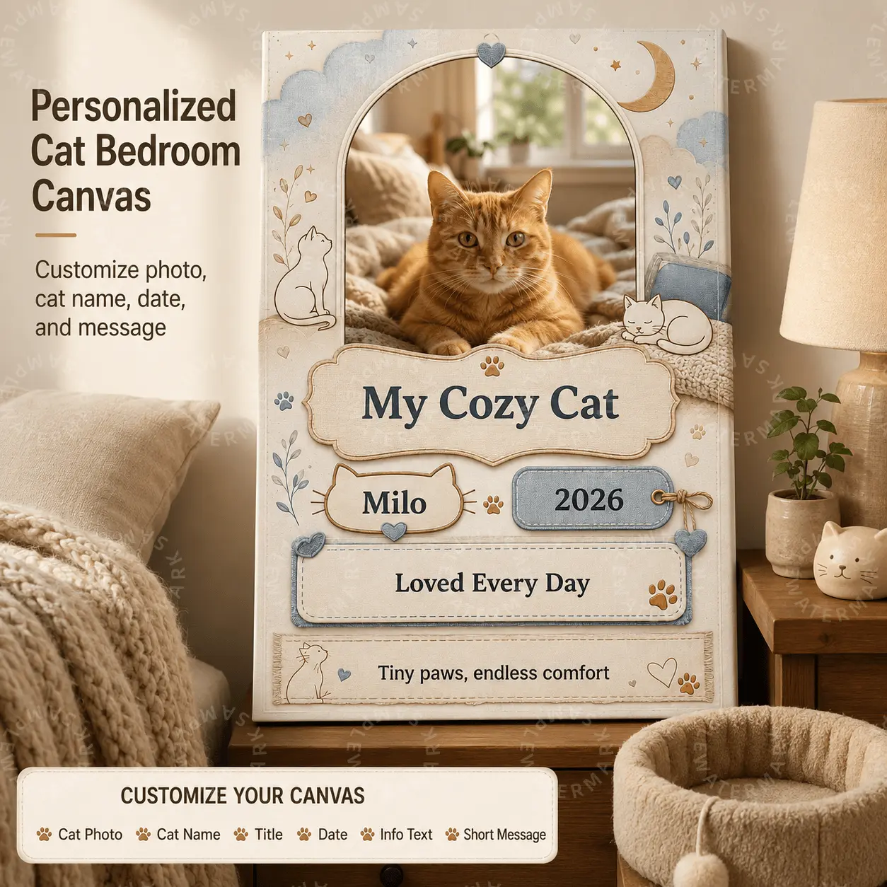 Personalized Cat Bedroom Canvas, Custom Cat Photo Name Date Message Wall Art, Cozy Pet Aesthetic Poster for Bedroom Living Room Decor, Cute Cat Lover Gift, Pet Memorial Keepsake Home Decor