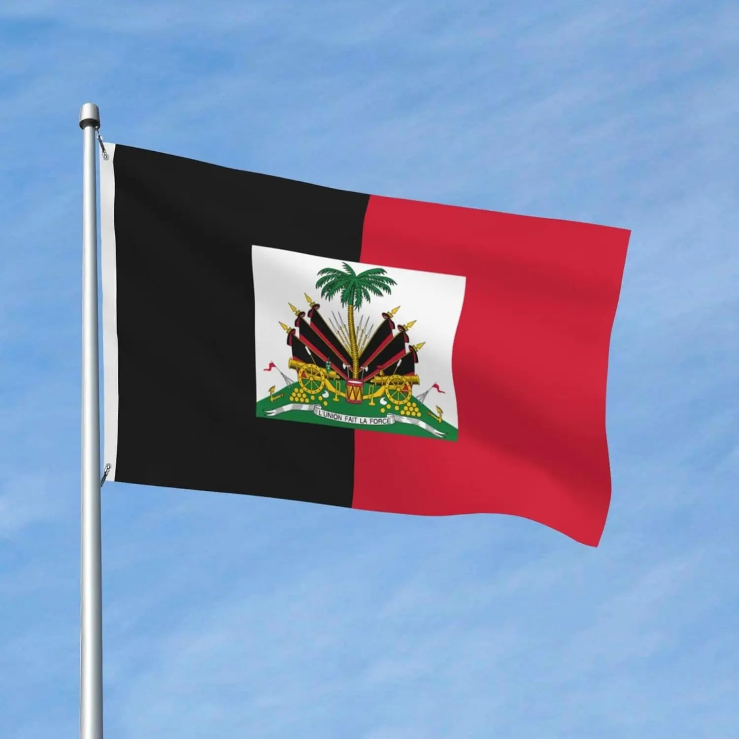 Flag of Haiti (1964–1986) - A 3x5 ft. durable polyester flag featuring a striking black-and-red color scheme, adorned with a palm tree motif and the national coat of arms. It is an ideal choice for decorating men's personal spaces and dorm rooms, as well