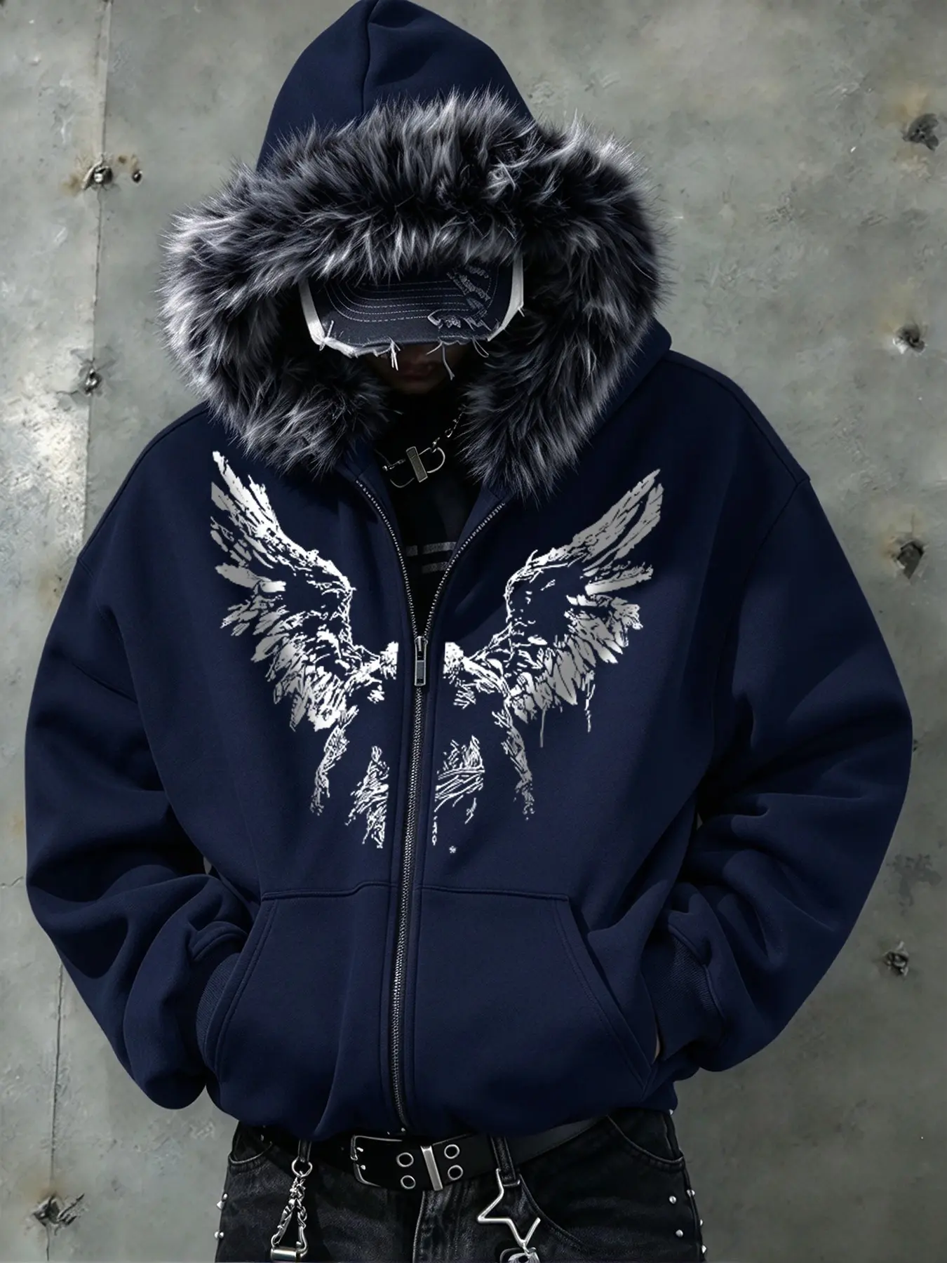 Autumn Winter Dark Style Faux Fur Hoodie, Fallen Angel Wings Print Zip-Up Open Front Coat, Streetwear Casual Loose-Fit Outerwear