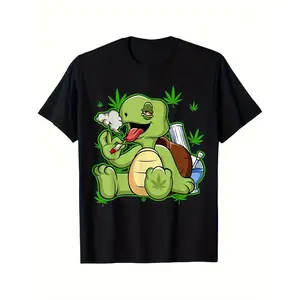 180gMen's Fun Leaf & Smoking Turtle Graphic T-Shirt - White Casual Round Neck Tee with Green Cartoon Turtle & Leaf Print, Relaxed Fit for Casual Attire, All-Season Comfort, Machine Washable - 420 Apparel for Adults