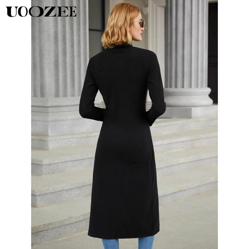 UOOZEE Women's simple tight solid color split high collar long sleeve knitted top, elegant casual, with a strong sense of design, elastic and comfortable fabric, suitable for daily leisure and commuting fall clothing women office outfits