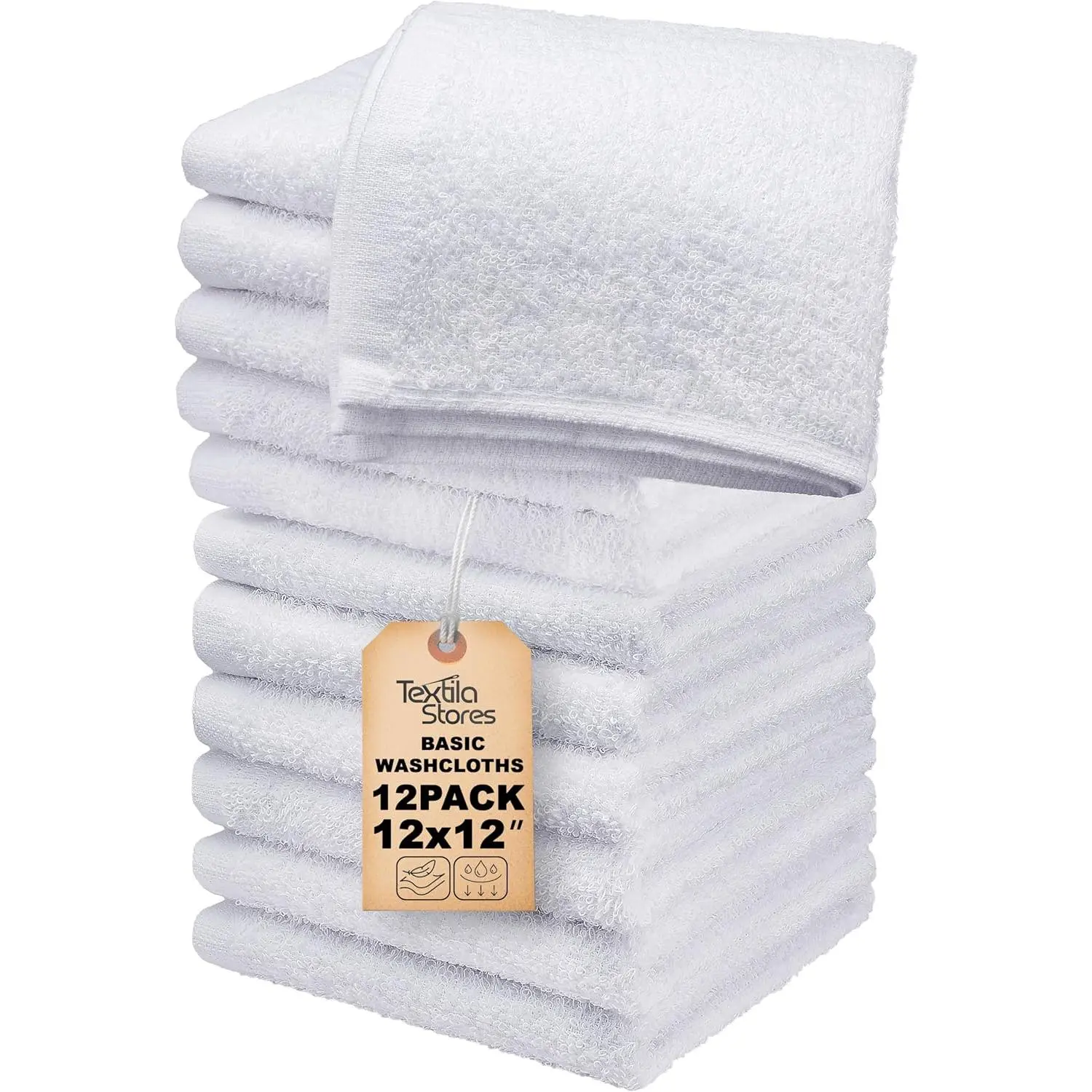 Basic Wash Cloths 12x12 Inches – Pack of 12 – White Color – Soft and Absorbent Multipurpose Cotton Washcloths for Bathroom, Spa, Gym, Salon, Hotel, and Everyday Use