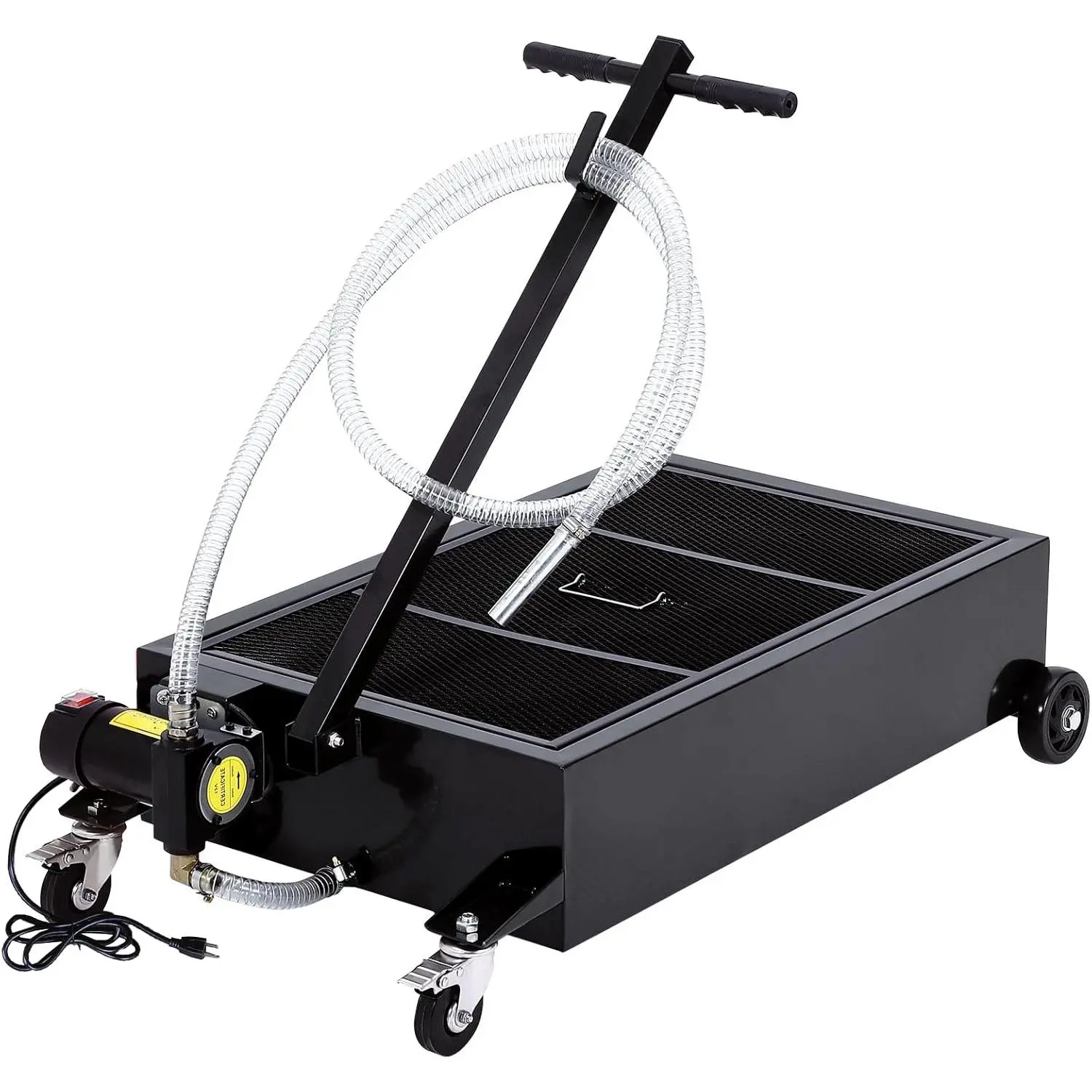Heavy Duty Low Profile Oil Drain Pan - 20 Gallon Capacity - Electric 110V Pump, 8 ft Hose, Folding T-Handle, Swivel Casters - For Trucks, Cars, SUVs, Buses