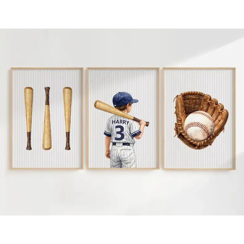 Personalized Baseball Jersey Poster Set, Boys Room Decor, Baseball Nursery Wall Art Set of 3, Baseball Boy Room Decor, H3638
