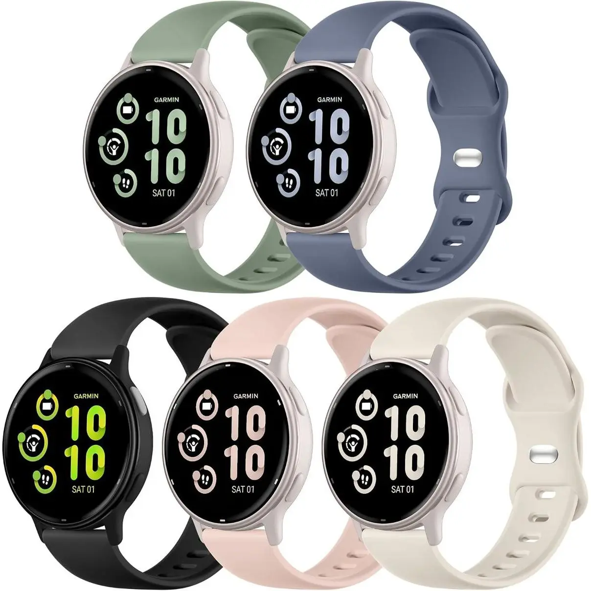 20mm Watch Band Compatible with Garmin Vivoactive 5 Watch Bands/Vivoactive 6/Forerunner 165/55, 5 Pack Quick Release Soft Silicone Sport Straps for Garmin Watch Band Venu/Venu Sq 2 Women Men