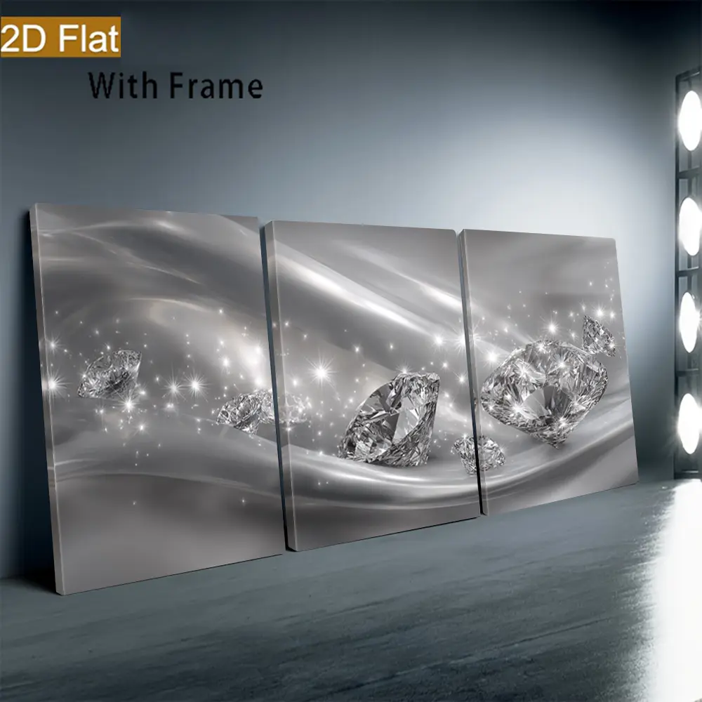 2D flat painting, 3-piece framed wall art with sparkling diamonds, elegant and dazzling poster, luxurious and charming print, silver wave design, modern canvas decoration, and vintage poster, suitable for living room, bedroom, bathroom