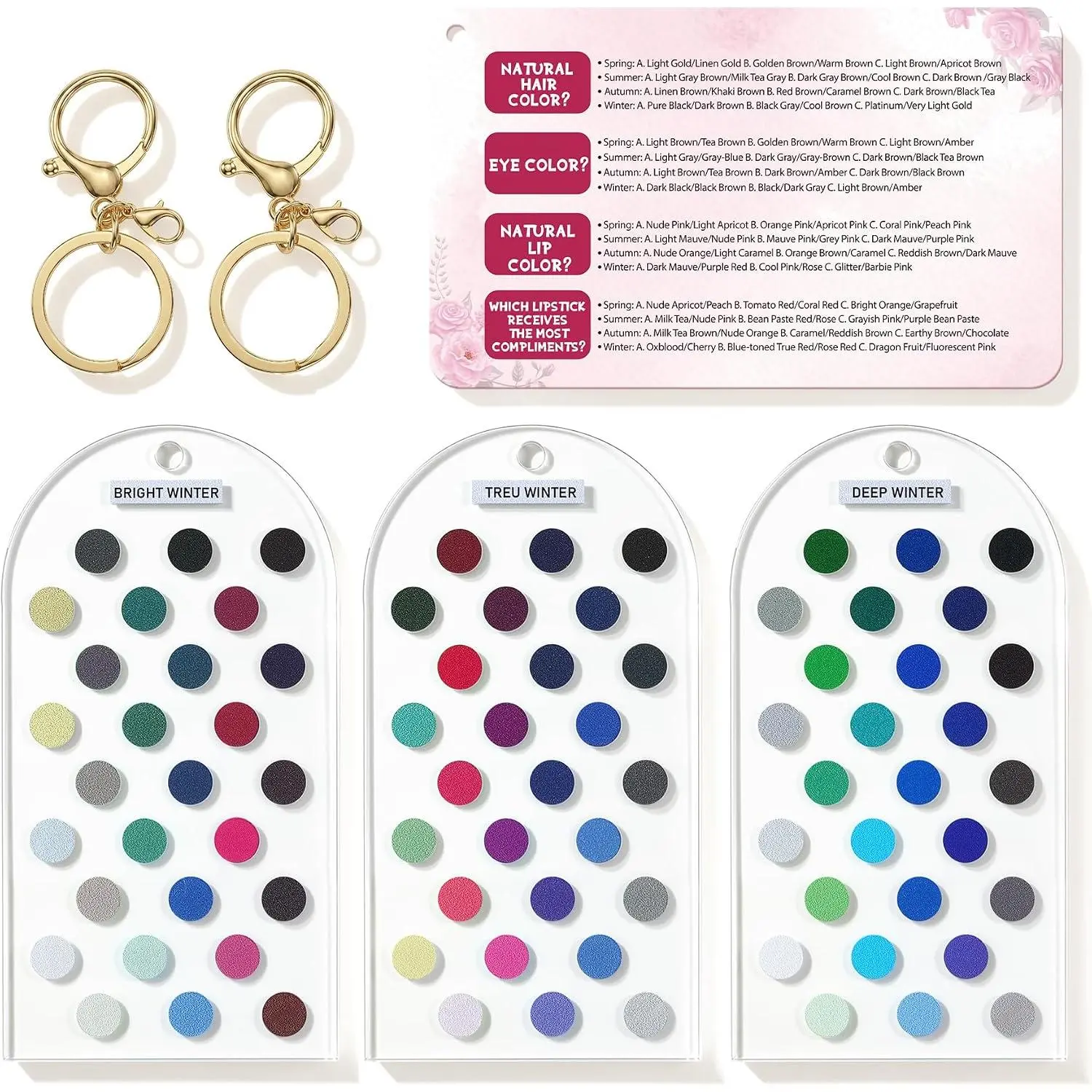3- Winter Color  Cards with Instruction Card &  Keychains |  Bright/ True/ Deep Winter Color Analysis Swatches for Clothing and Makeup, Portable Color Matching Guide