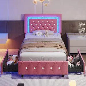 Twin/ Full/ Queen/ King Size Bed Frame With Storage Drawers, Upholstered LED Bed Frame With Headboard, Modern Platform Bed Frame With Headboard And Footboard, Diamond Tufted Design, No Box Spring Needed, Twin/ Full/ Queen/ King, Pink/ Black/ White/ Purple