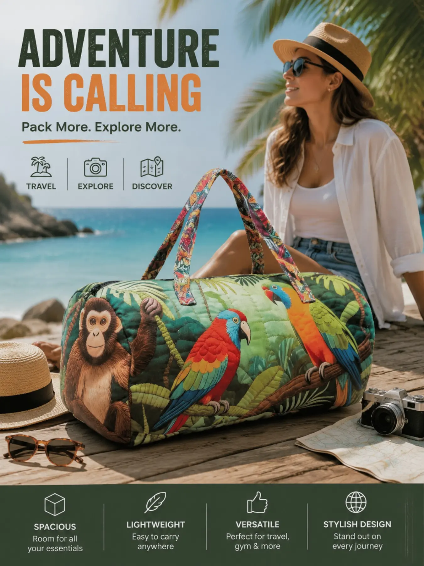 1 Piece Tropical Jungle Macaw Monkey Duffle Weekender Bag, Tropical Print Reinforced Handles Smooth Zipper Large Capacity Tote for Outdoor Lovers, Beach Vacation & Short Gym Trips