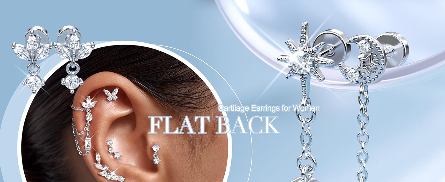 CASSIECA 1Pairs Cartilage Earrings for Women Flat Back 925 Sterling Silver Post Stud Flatback Earrings for Sensitive Ears-20G Ear Crawler Climber Cartilage Earring Tragus Conch Helix Piercing Jewelry