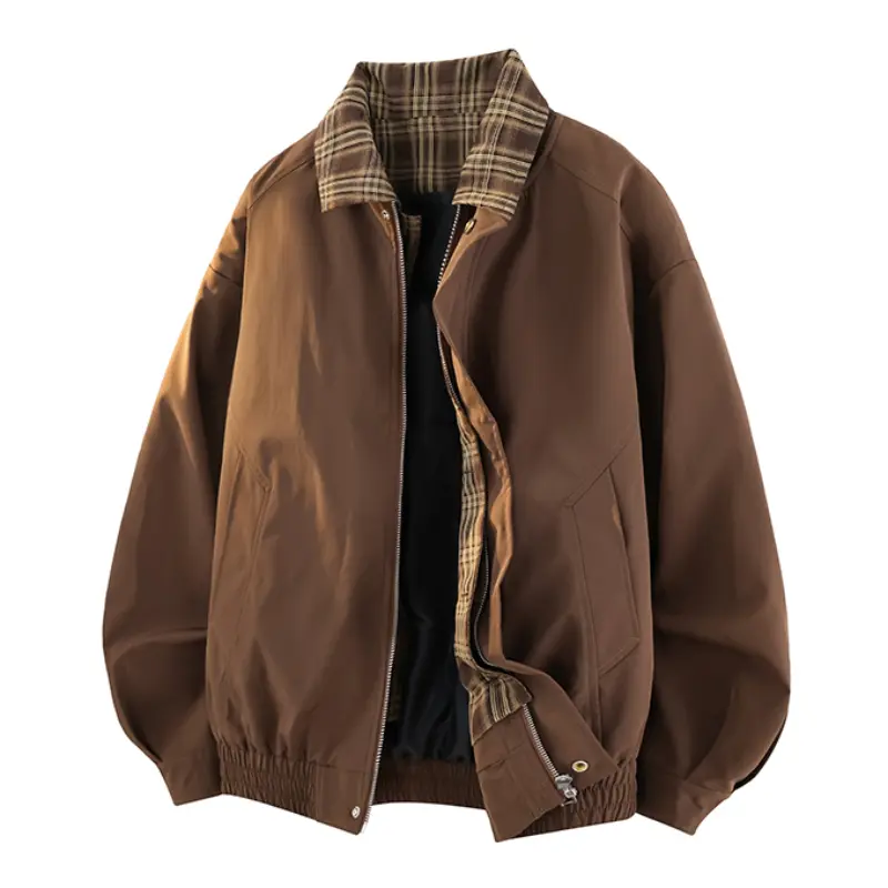 Men's Plaid Collared Long Sleeve Bomber Jacket - Zip Up, Elastic Ribbed Hem, Diagonal Seam Pockets, Oversized Drop Shoulder, Lightweight Windproof Fabric, Vintage Retro Casual Coats Tops for Spring & Fall, Machine Wash, Comfortable, Polyester