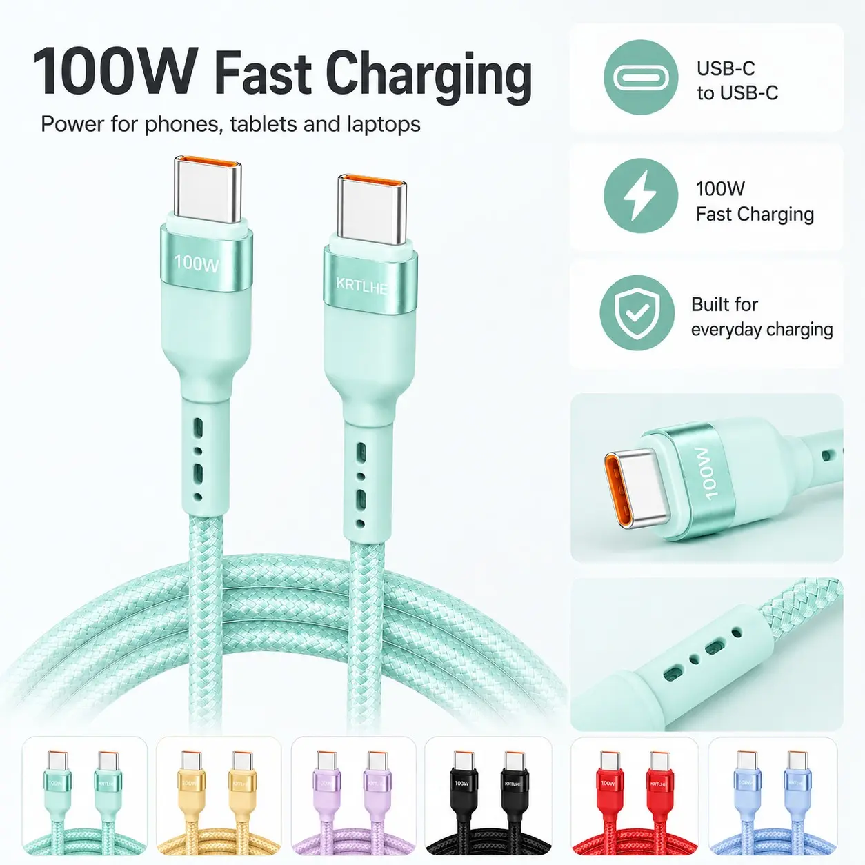 100w USB-C to USB-C Fast Charging Cable, Nylon Braided, Durable Bent-Resistant Tail, Aluminum Alloy Connectors, for Laptops, Tablets, Phones, Power Banks, Type C Devices