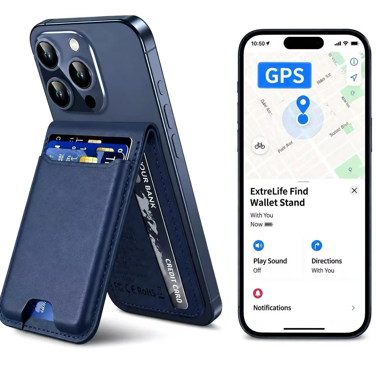Magnetic Wallet Card Holder Phone Accessories Compatible with Apple Find My & Google Find My Device, Magsafe Tracking Card Pocket with Built in Kickstand, GPS Locator Leather Wallet Case for iPhone 12/13/14/15/16/17 Series