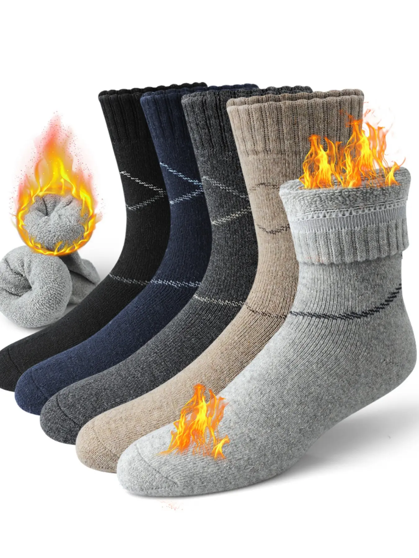 5 Pairs Men's Thick Warm Crew Socks, Fleece Lining Winter Business Formal Socks, Solid Color Elastic Cuff Casual Socks, Office & Outdoor Wear