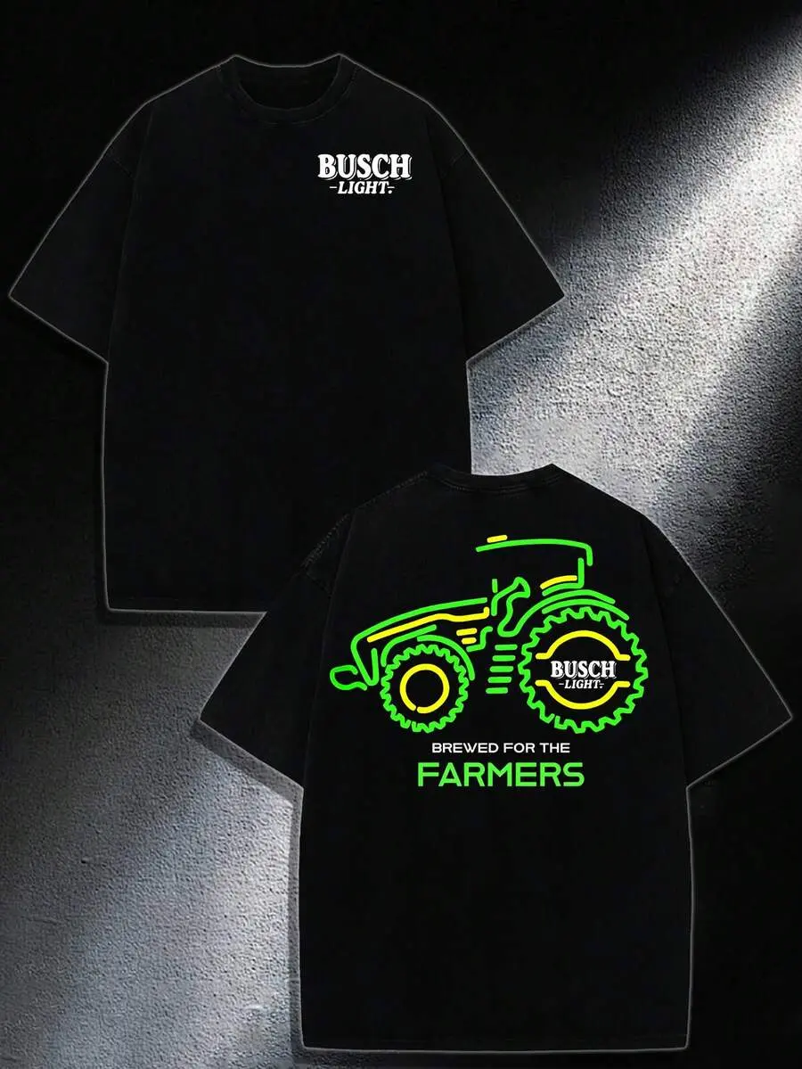 Busch Light Farmer Tribute Tee - Neon Tractor Graphic, 220g Cotton Loose Fit Shirt