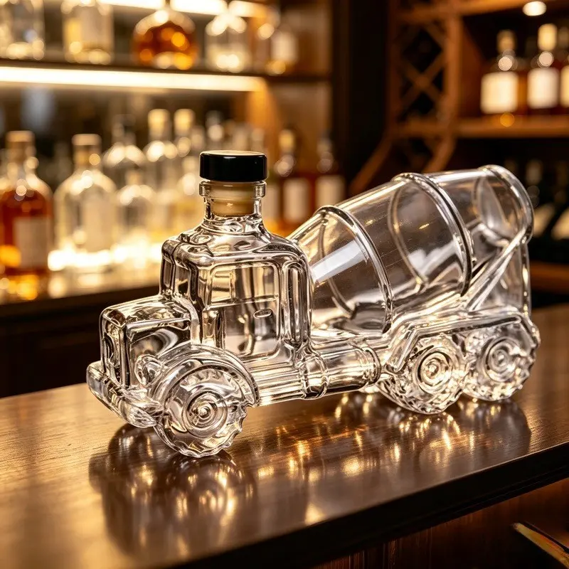 Novelty Cement Mixer Truck Glass Wine Bottle, High Borosilicate Spirits Decanter, Small Decorative Liquor Container for Bar Home Table Decor
