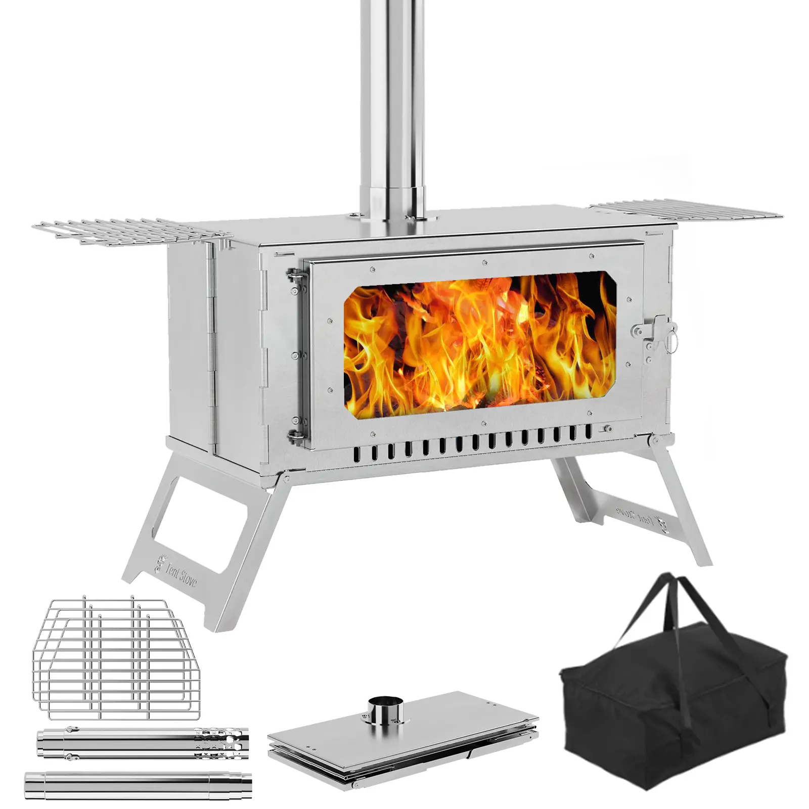Portable Collapsible Tent Wood Stove, Premium 304 Stainless Steel Hot Tent Heater with High Temp Glass Window & Spark Arrestor, Includes 5 Chimney Pipes, 3 Cooking Shelves & Carry Bag for Winter Camping, Backpacking, Outdoor Cooking & Survival Gear