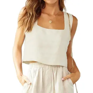 Womens Linen Crop Tank Tops Cute Summer Sleeveless Cropped Cotton Linen Tops(Gift)