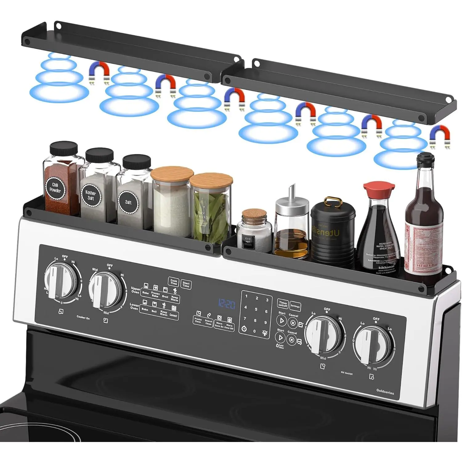 Stove Top Shelf for 30" Stoves, Over Oven  Rack Organizer, Heavy-Duty Steel,  Installation with  or Adhesive, Heat-Resistant Kitchen Storage Shelf (Standard Version)