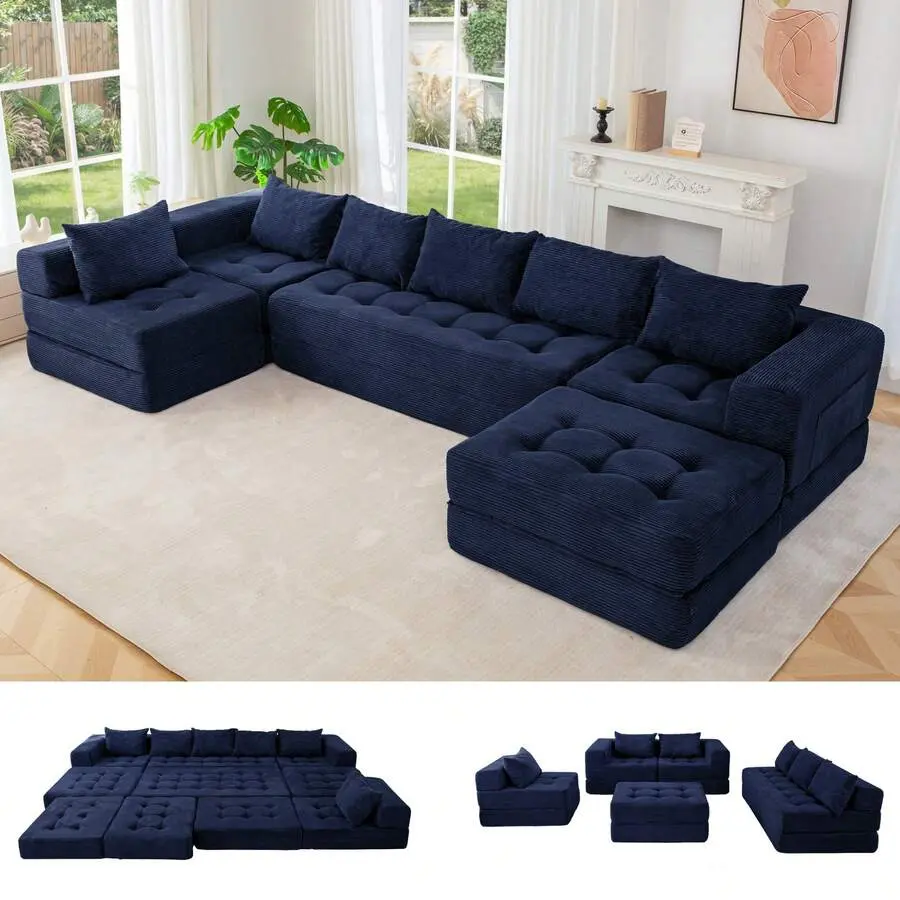 Modular Sectional Sofa Couch,Foldable Sofa Bed With Ottoman,Convertible Cloud Couch Corded Tufted Floor Sofa Lounger With Pillows Living Room No Assembly