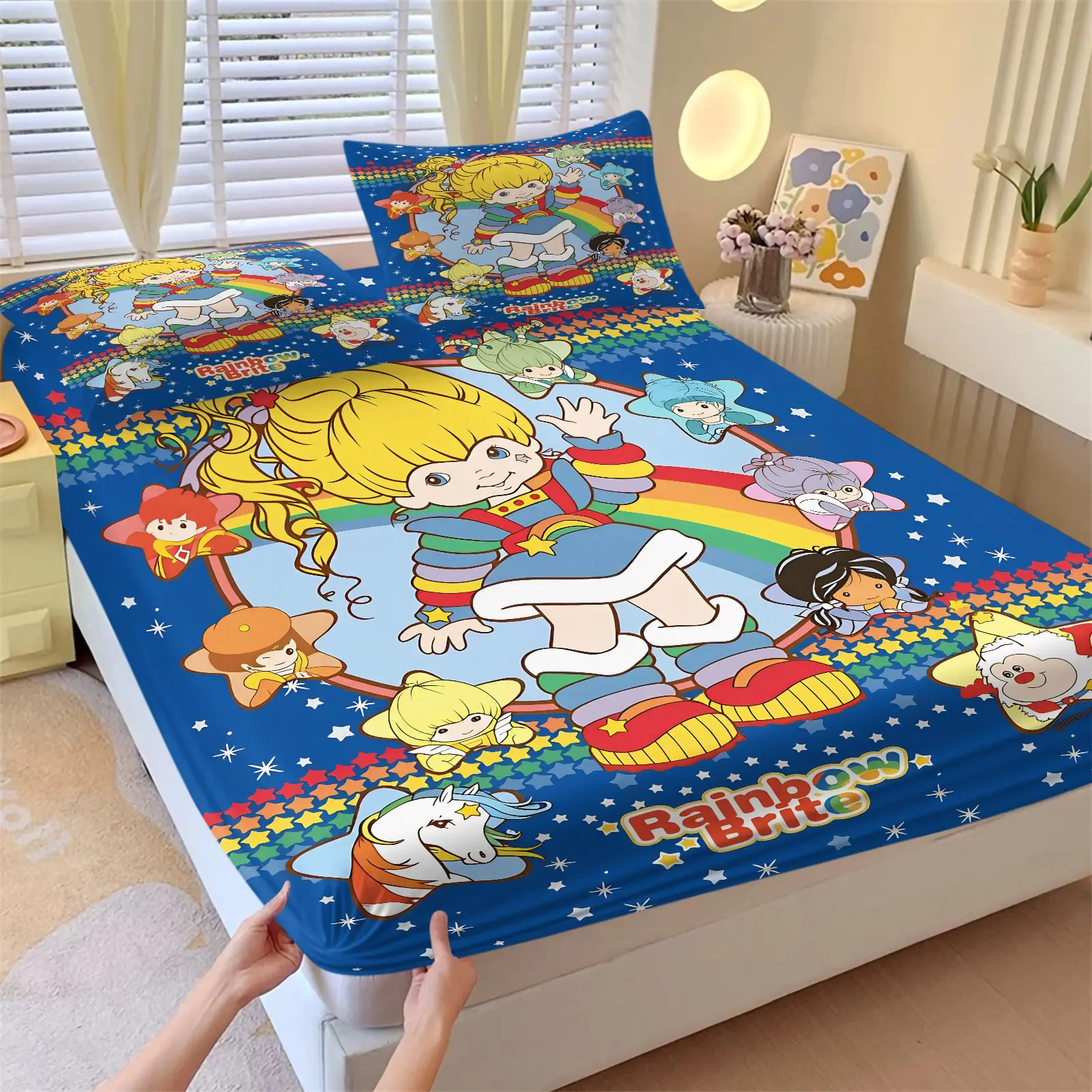 3PCS Blue Background Rainbow Cartoon Girl Print Fitted Sheet Set (1 Fitted Sheet + 2 Pillowcases),Soft Breathable Comfortable Microfiber Fabric,Stretchy Deep Pocket Wrap Design,All Season Colorful Kawaii Bedding Gift