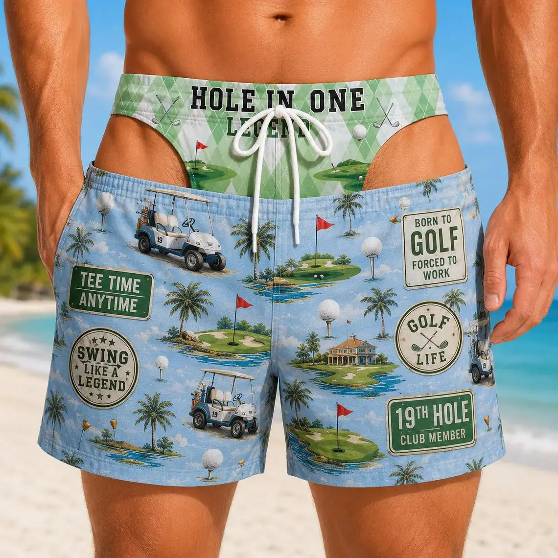 Funny swimming trunks Men's Swim Trunks Light Blue Golf Course Cart Island Print Hole In One Legend Born To Golf 19th Hole Beach Summer Vacation Swimming Shorts