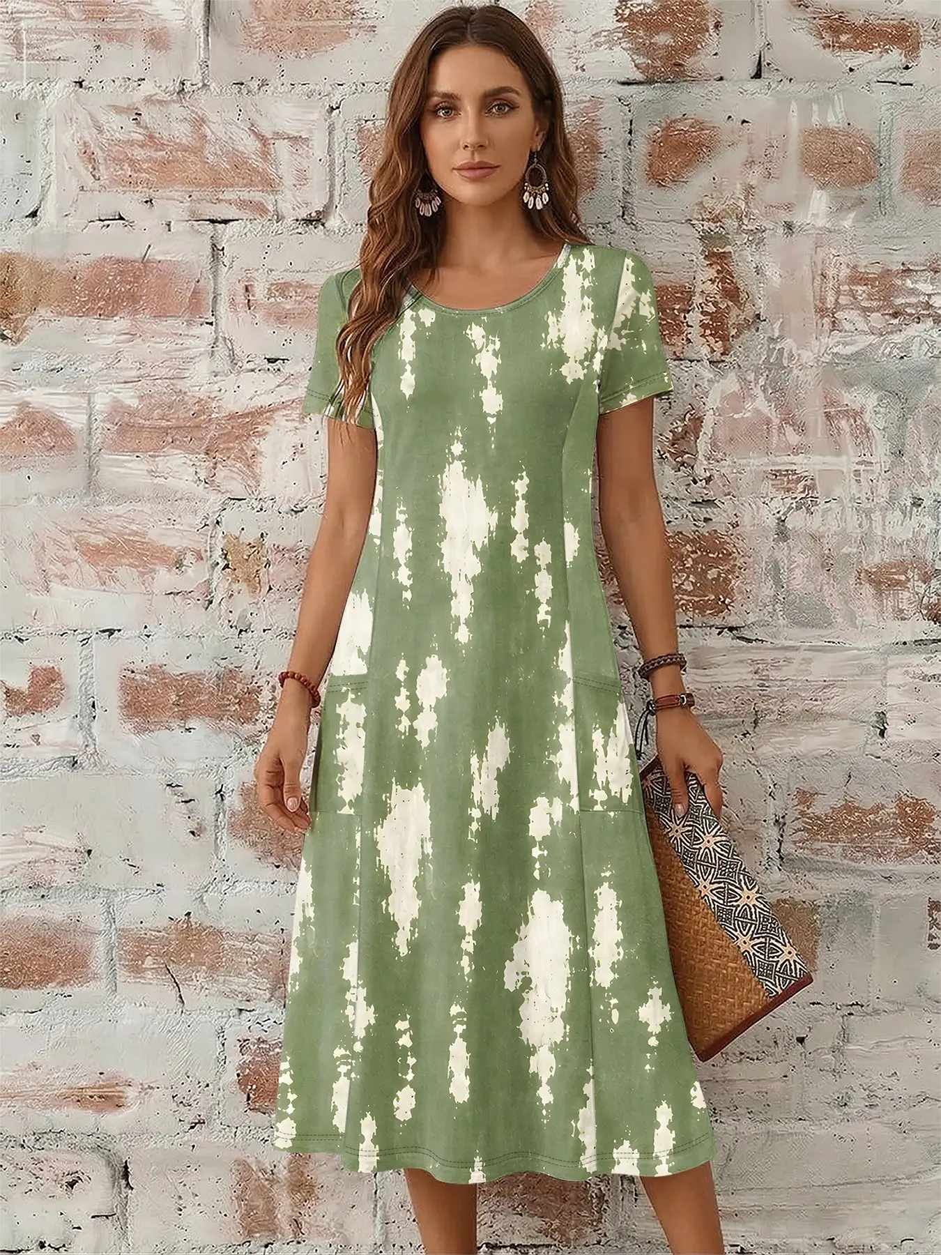 Women's Tie Dye Ink Wash Dress, Summer Round Neck Short Sleeve Loose A-Line Skirt, Knee-Length Pouch Pocket Dress, Elegant Style