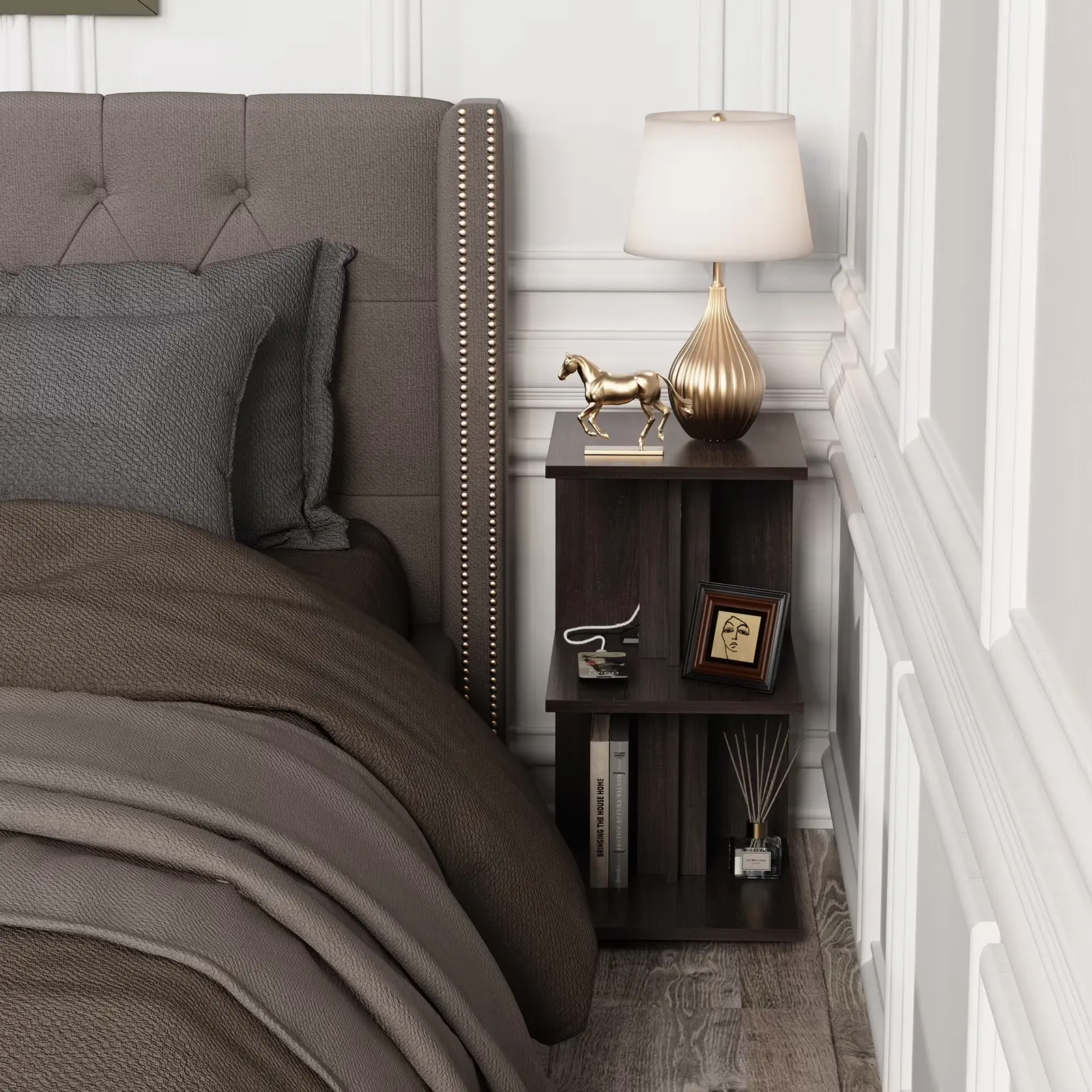 Wooden 3-Tier Narrow Nightstand with Charging Port & Wheels, Space-Saving Side Table for Small Space Users, Bedroom & Living Room, Rectangular, Single Unit