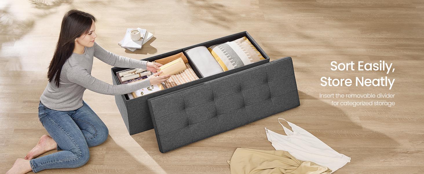 Collection - 43 Inches Folding Storage Ottoman Bench, Ottoman Foot Rest, End of Bed Bench, Storage Chest, Load 660 lb, for Living Room, Bedroom, Entryway, Dark Gray