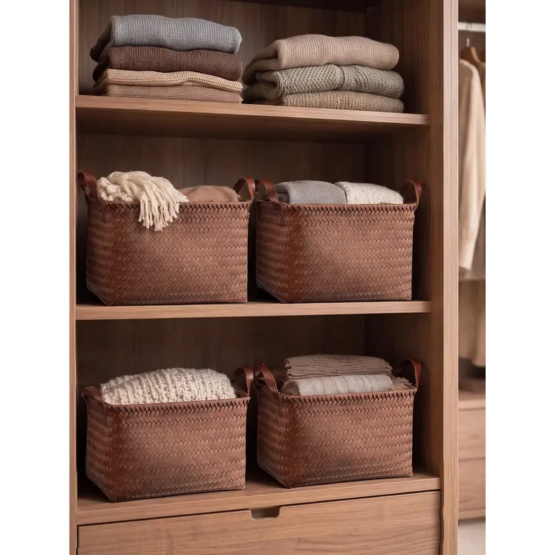 Handwoven Wicker Storage Baskets, 4/6/8 Pack Large Brown Storage Bins with Handles, Decorative Faux Rattan Organizers for Shelves, Closets, Laundry, Clothes, Blankets, Bedroom and Bathroom