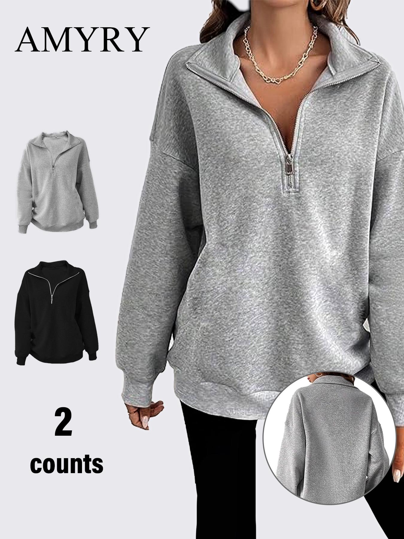 Women's Solid Thermal Lined Pullover Sweatshirt, Casual Long Sleeve Half Zip Sweatshirt for Fall & Winter, Women's Clothes for Daily Wear