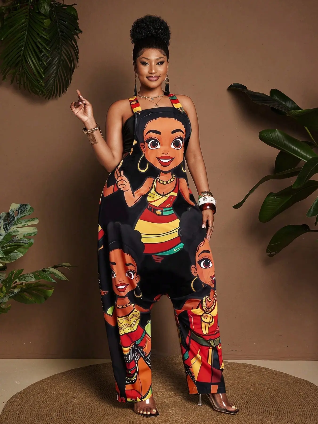 Women’s African Inspired Graphic Print Jumpsuit, Boho Style Slim-Fitting Pinafore, Colorful Summer Dress, Unlined All over Print