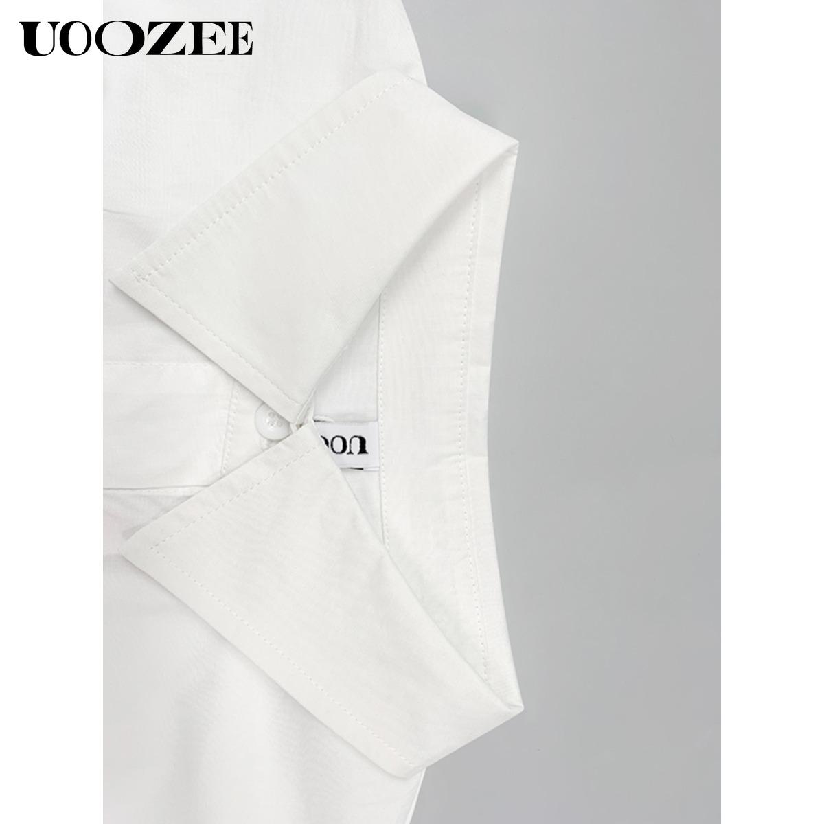 UOOZEE Women's New Summer Solid White 100% Cotton Lapel Collar Half Sleeve Sheer T-shirt, Waisted Irregular Ruffle Hem Loose Fit Buttoned Summer Blouse(One Size Up Recommended for C - Cup and Above)