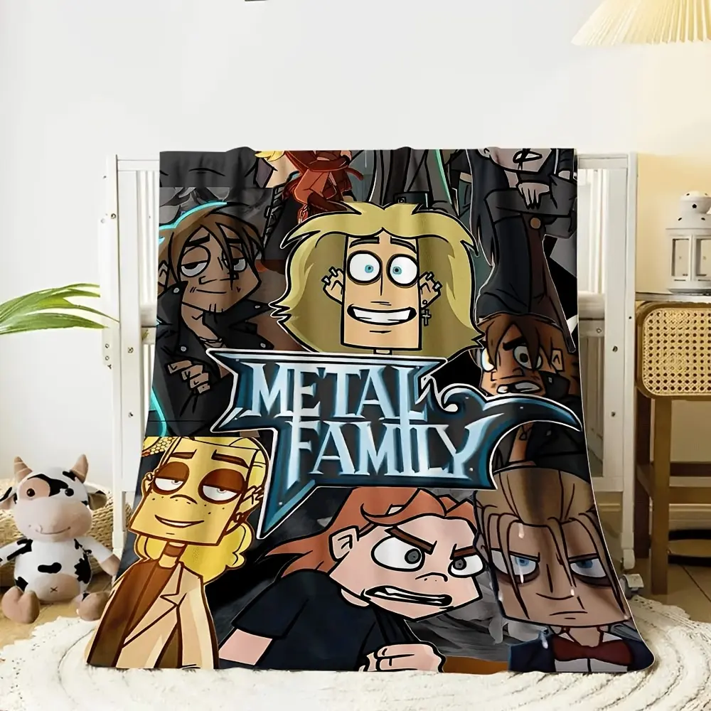 1pc Metal Family Cartoon Flannel Blanket Anime Character Collage Print Throw Blanket Dark Style Home Sofa Bed Decor, Anime Print, Dark Theme, Indoor Use