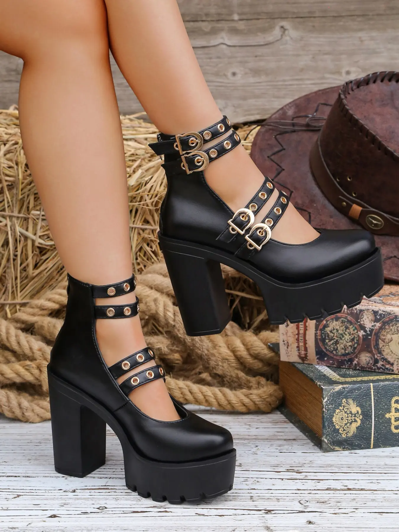 Multi Metal Buckle Cutout Platform Mary Jane Heels, Double Ankle Strap Block Heel Closed Toe Platform Pumps, Gothic Alt Fashion Women Shoes