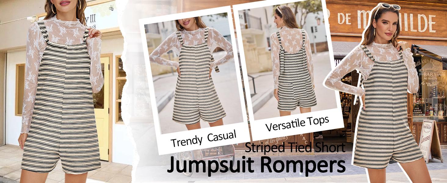 Yousify Women's Striped Sleeveless Romper Loose Fit Tied Shorts Jumpsuit with Pockets for Summer & Fall Casual Wear Scoop Neck Adjustable Drawstring Wide Legs